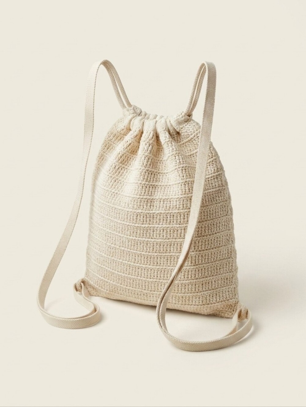 Cream Crochet Drawstring Backpack